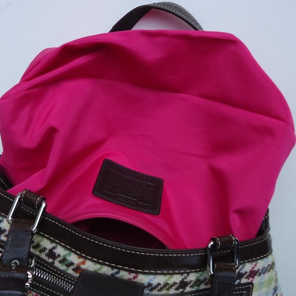 COACH Brown Leather and Plaid Wool Satchel - Picture 10 of 16